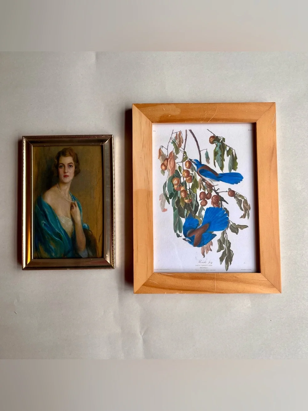 Vintage Wood and Brass Picture Photo Frames w/ Fine Art Prints-Set of 2